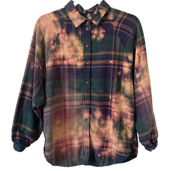Women's Green Plaid Upcycled Bleached Reworked Unique Button-Down Shirt - XS - Picture 1 of 7